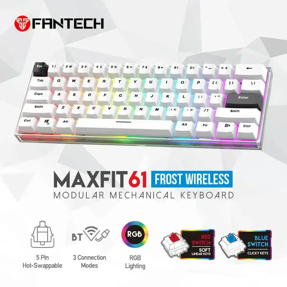 ⁦FANTECH MAXFIT61 FROST MK857 WIRELESS RGB MECHANICAL KEYBOARD – 3 CONNECTION MODES⁩ - الصورة ⁦2⁩